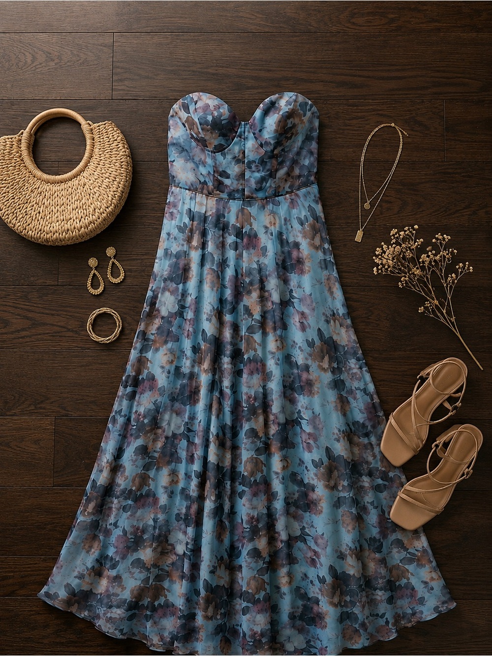 Lulus Blue Watercolor Floral Corset Strapless Maxi Dress | Size L | NWT